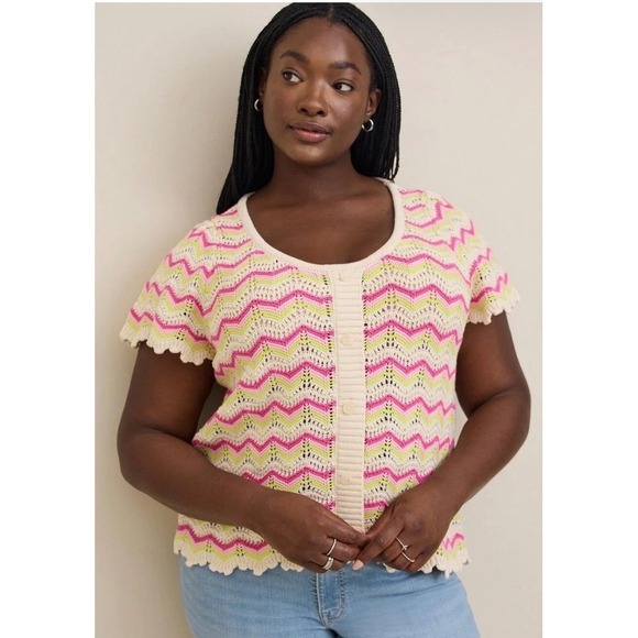 Sweaters - Torrid Pink Lime Green Chevron Crochet Cotton Short Sleeve Cardigan Sweater 1